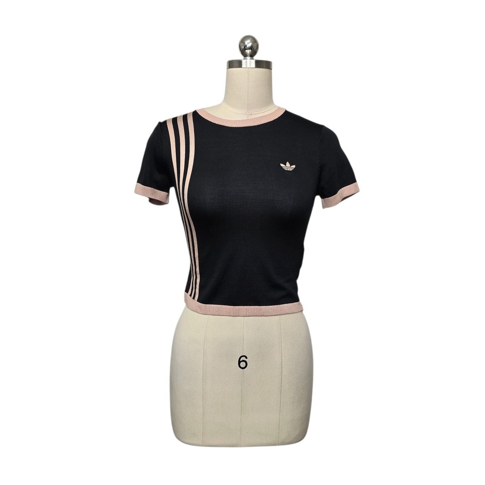 Adidas Originals Knitted 3S Tee Black Pink Stripe Crop Top JJ0960 Womens Small